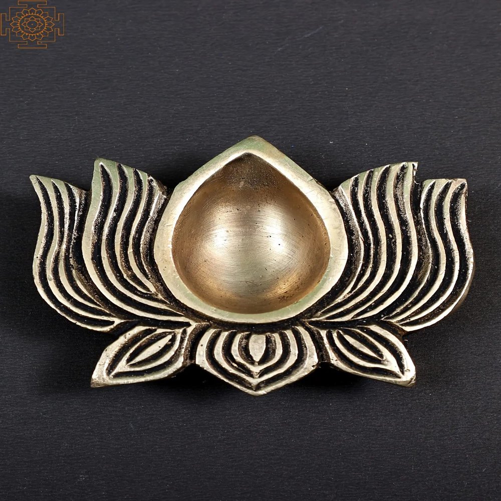 Exotic India Small Brass Lotus Design Diya | Handmade - Brass - Color 3.25 Inch