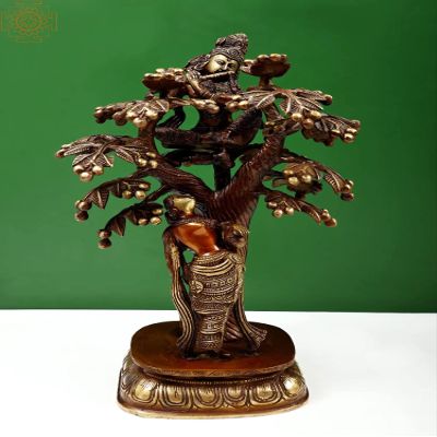 Exotic India 15" Radha Krishna (Fluting Krishna Sitting on Tree and Radha Looking at Krishna Under The Tree) - BR - Color Brown with Natural Brass