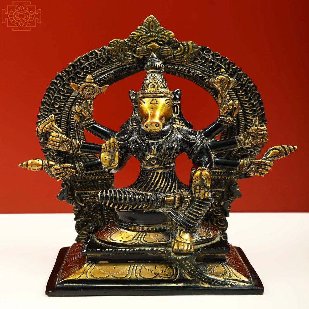 8" Small Eight Armed Goddess Varahi Seated on Kirtimukha Prabhawali Throne - Brass - Color Exotic Green Gold