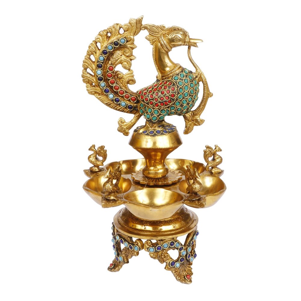 Artvarko Peacock Diya Table Oil Lamp Brass with Inlay Traditional Handmade Lamp for Temples Puja Festival Gifts & Home Dcor Height: 12 Inch