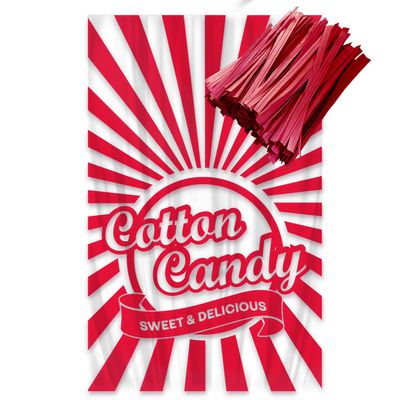 Tafura Cotton Candy Bags with Ties (100 Count) Clear Printed Cotton Candy Bags 11.5 x 18.5 Inches Plastic Treat Bags for Cotton Candy, Parties, Carnivals & Events (Red)
