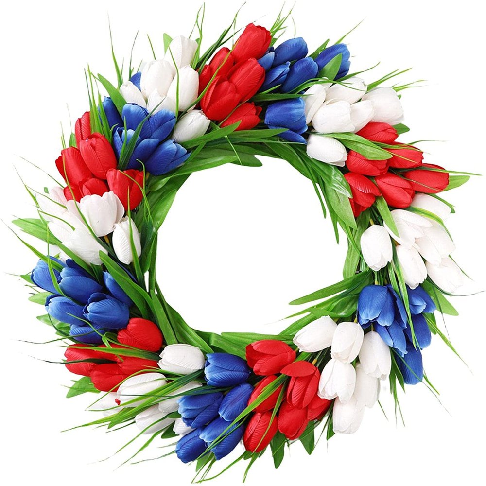 Artificial Tulip Wreath Door Front Wreath Flower Wreath Spring Wreath Wall Ornament for Outdoor Summer Home Decor - Red White Blue