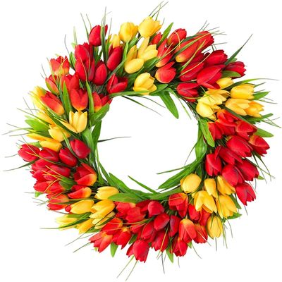 Artificial Tulip Wreath Door Front Wreath Flower Wreath Spring Wreath Wall Ornament for Outdoor Summer Home Decor - Yellow Red Green