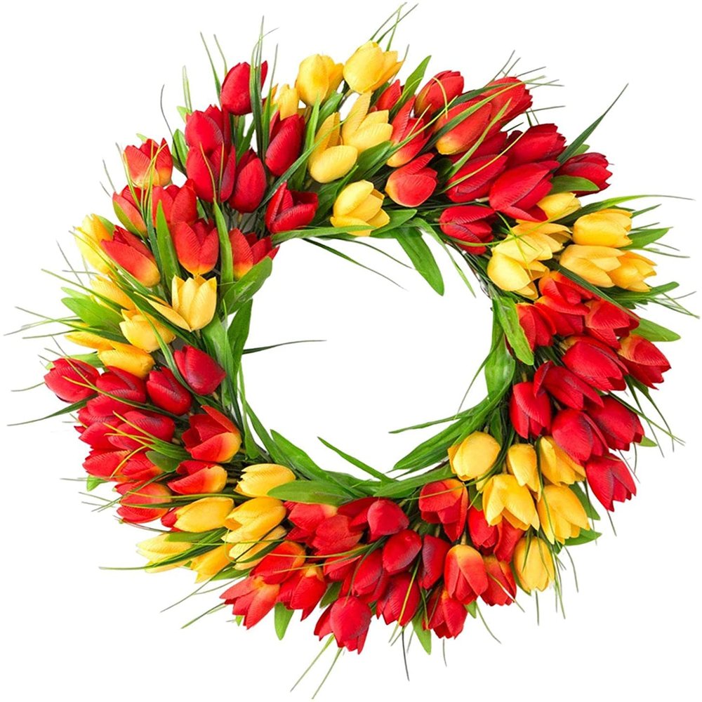 Artificial Tulip Wreath Door Front Wreath Flower Wreath Spring Wreath Wall Ornament for Outdoor Summer Home Decor - Yellow Red Green