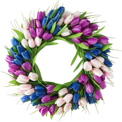 Artificial Tulip Wreath Door Front Wreath Flower Wreath Spring Wreath Wall Ornament for Outdoor Summer Home Decor - Blue Purple White