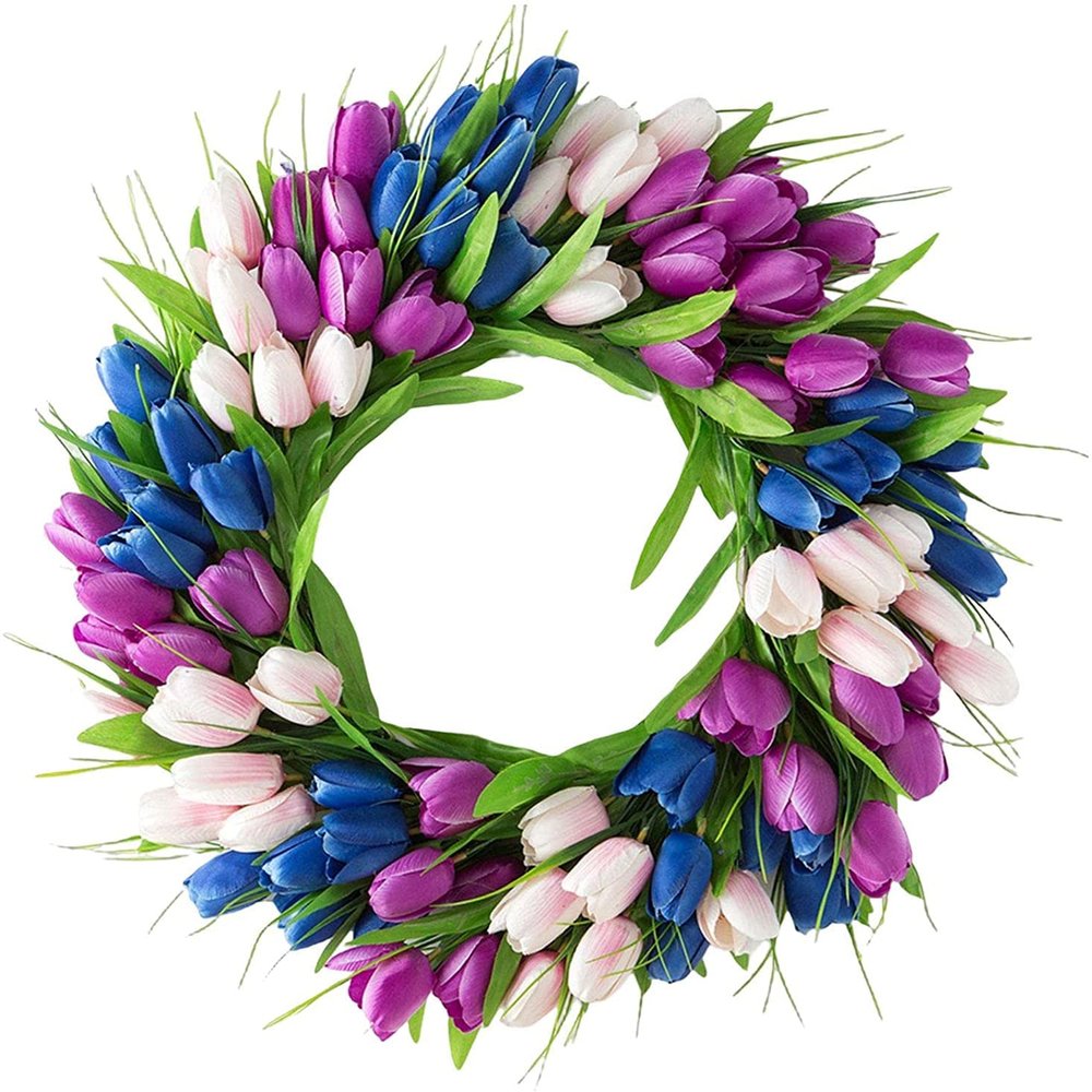 Artificial Tulip Wreath Door Front Wreath Flower Wreath Spring Wreath Wall Ornament for Outdoor Summer Home Decor - Blue Purple White