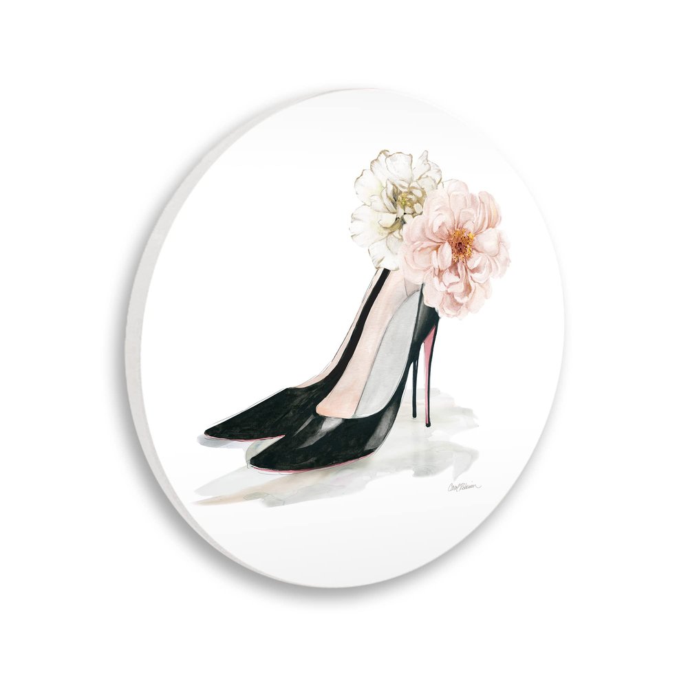 Stupell Industries Pink Floral Black Heels Chic Fashion Shoes Circular Wall Plaque, 12" Diameter