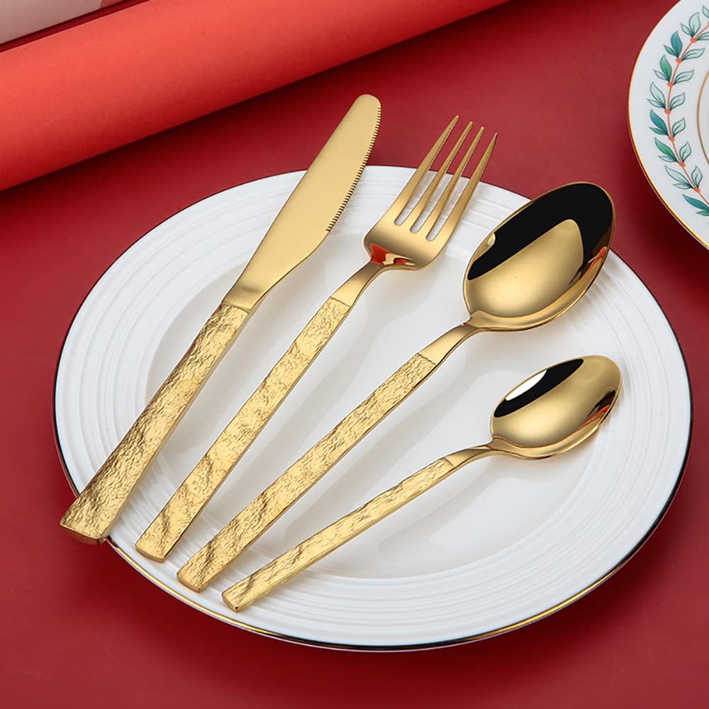24 Piece Gold Silverware Set For 6, Modern Stainless Steel Flatware Set ,Include Knife/Fork/Spoon & Long Teaspoon Mirror-Polished Dishwasher Safe Cutlery