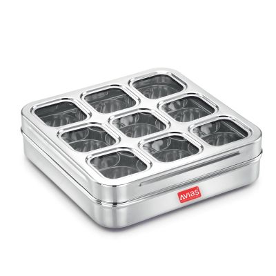AVIAS 9 Square Stainless Steel Spice Box/Organizer with 9 Compartment/Masala Dani/Popula Dabba/Square Masala Box/Rust Resistant See-Through Lid with Unbreakable Acrylic Sheet/Design