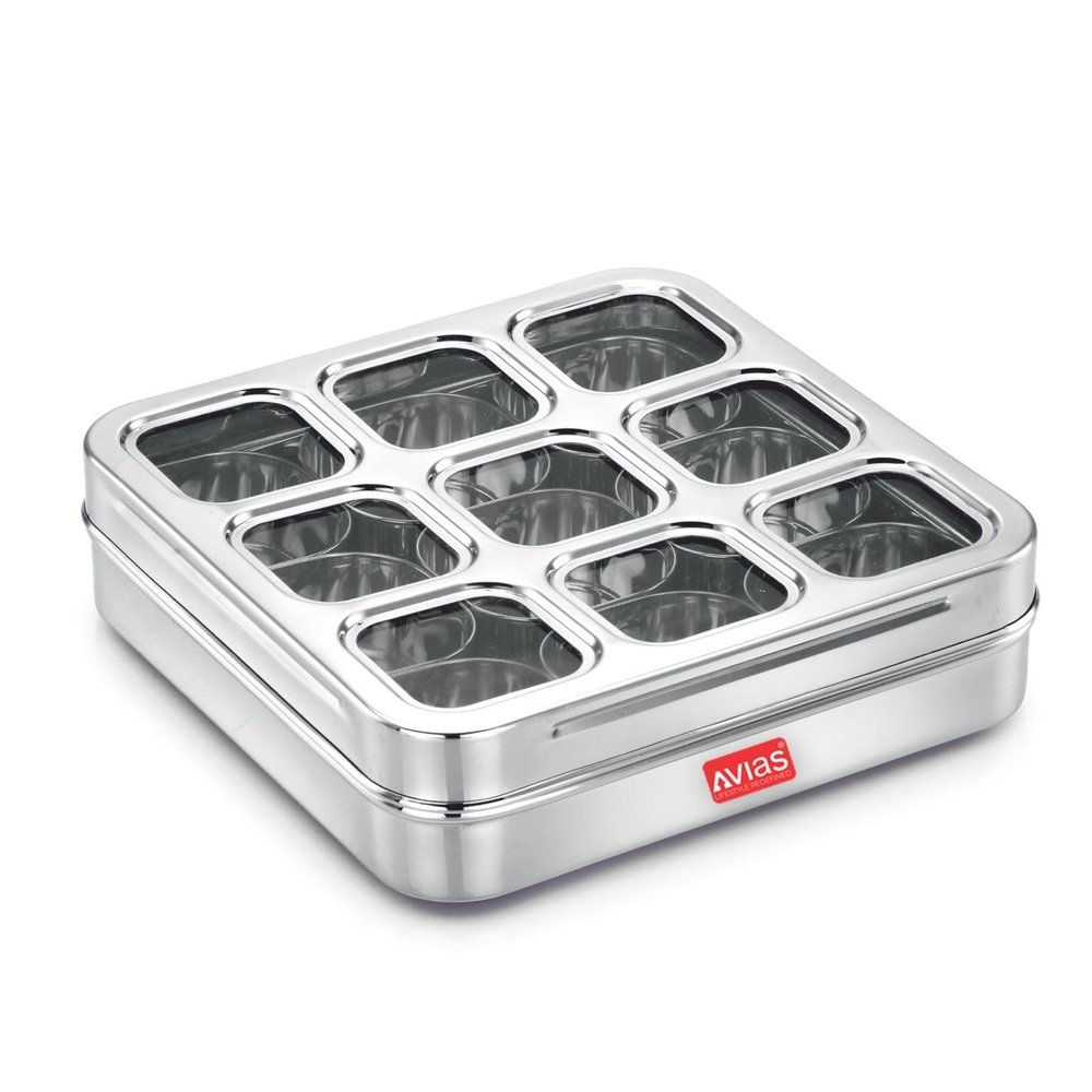 AVIAS 9 Square Stainless Steel Spice Box/Organizer with 9 Compartment/Masala Dani/Popula Dabba/Square Masala Box/Rust Resistant See-Through Lid with Unbreakable Acrylic Sheet/Design