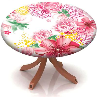 Yaofuren Table Cloth Cover Floral Pattern, Elastic Edge,Waterproof Wipeable Table Cover for Picnic Party,Pastel Pink Mustard,for 22" to 27" Round Tables