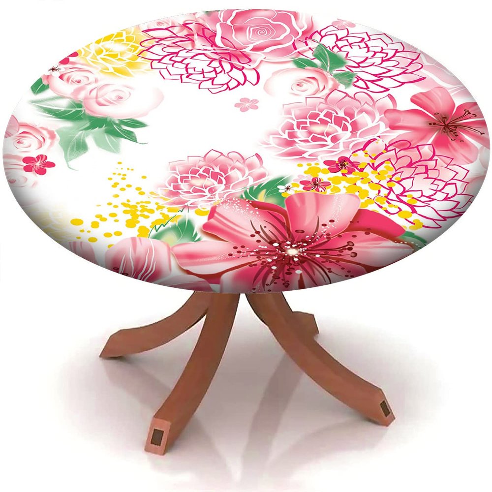 Yaofuren Table Cloth Cover Floral Pattern, Elastic Edge,Waterproof Wipeable Table Cover for Picnic Party,Pastel Pink Mustard,for 22" to 27" Round Tables
