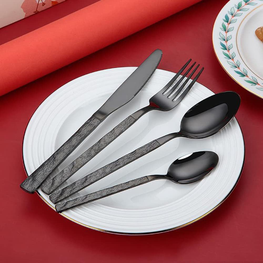 24 Piece Black Silverware Set For 6, Modern Stainless Steel Flatware Set ,Include Knife/Fork/Spoon & Long Teaspoon Mirror-Polished Dishwasher Safe Cutlery