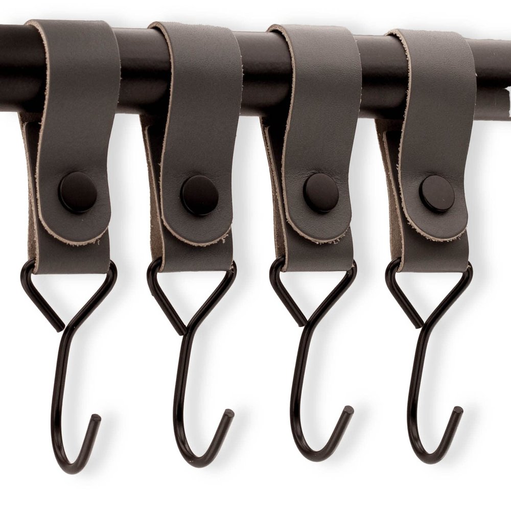 Brute Strength Leather Straps with Multiple Hooks - Mommy Hook, Stroller Clip, Bag Hook - Gray - Full Grain Leather