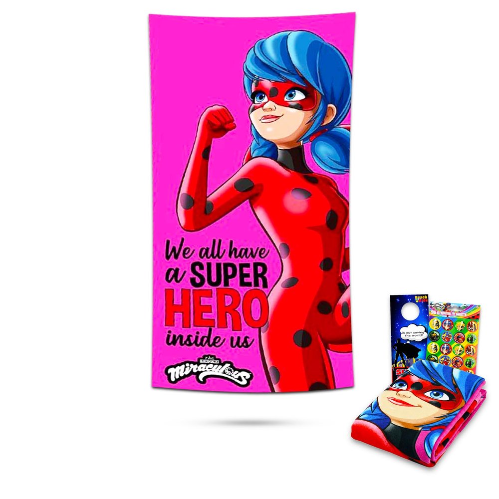Miraculous Ladybug Beach Towel Set - Bundle with Microfiber Pool Towel with Bonus Stickers and More (Miraculous Ladybug Bath Set)