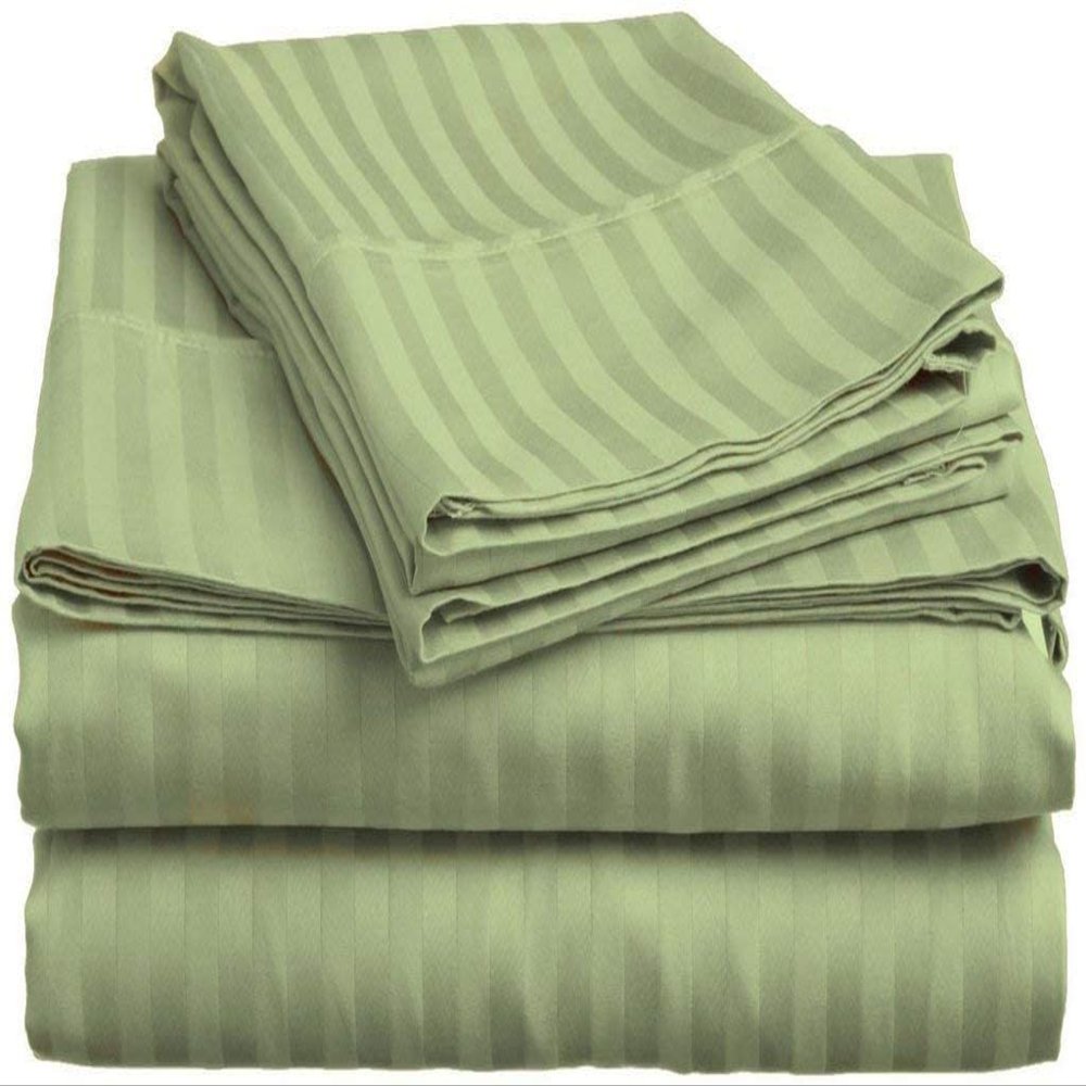 3PCs Bedding Sheet Set 400 Thread Count, 1 Piece Fitted Sheet 22" Deep Pocket All-Around Elastic and 2 Piece Pillowcases, Soft & 100% Egyptian Quality Cotton-Sage Stripe,Twin-XXL Size.