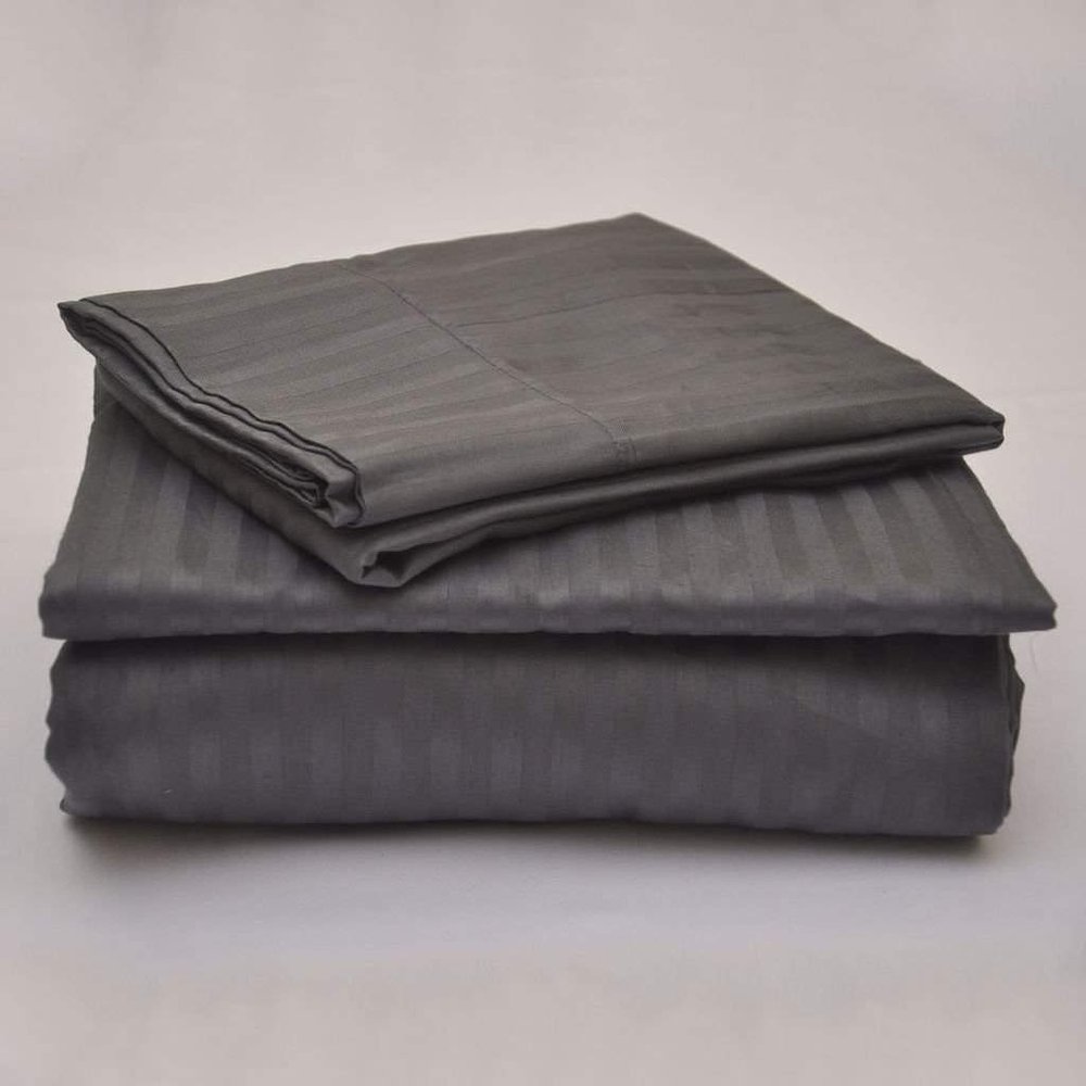3PCs Bedding Sheet Set 400 Thread Count, 1 Piece Fitted Sheet 22" Deep Pocket All-Around Elastic and 2 Piece Pillowcases, Soft & 100% Egyptian Quality Cotton-Dark Grey Stripe,Full-XL Size.