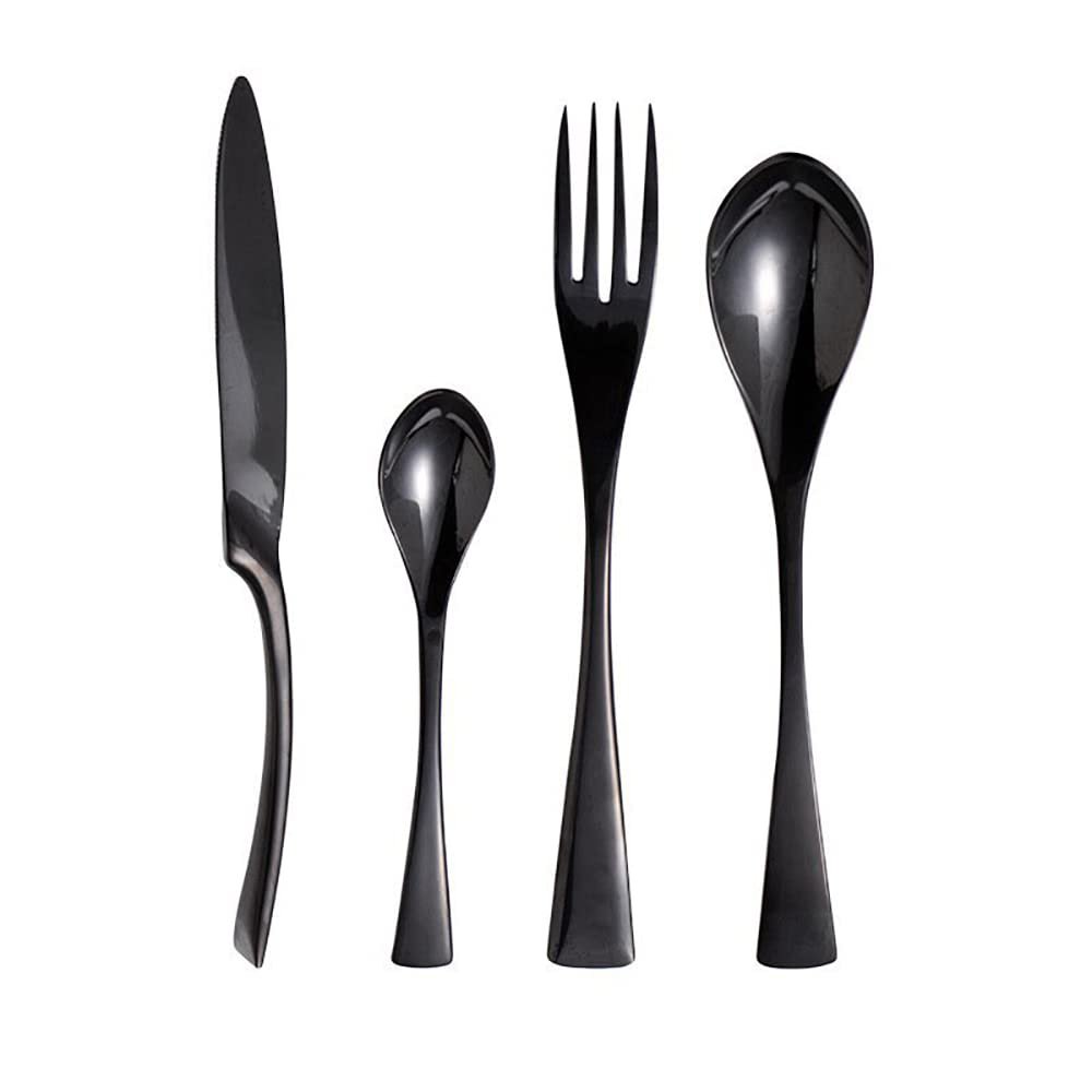 24-Piece Stainless Steel Flatware Set Mirror Polishing Black, Serive for 6 , Modern Silverware Set Include Knife/Fork/Spoon & Long Teaspoon Dishwasher Safe Cutlery