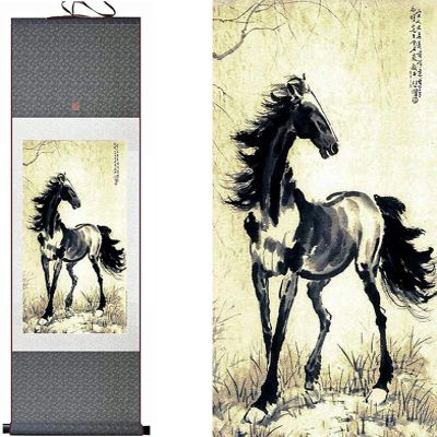 DBXOKKFCC Chinese Scroll Wall Art Feng Shui Paintings Chinese Wall Mural Scroll Painting Chinese Horse Scroll Painting Wall Decor Hanging Art Drawing Feng Shui Decorative Painting(140 * 45cm)