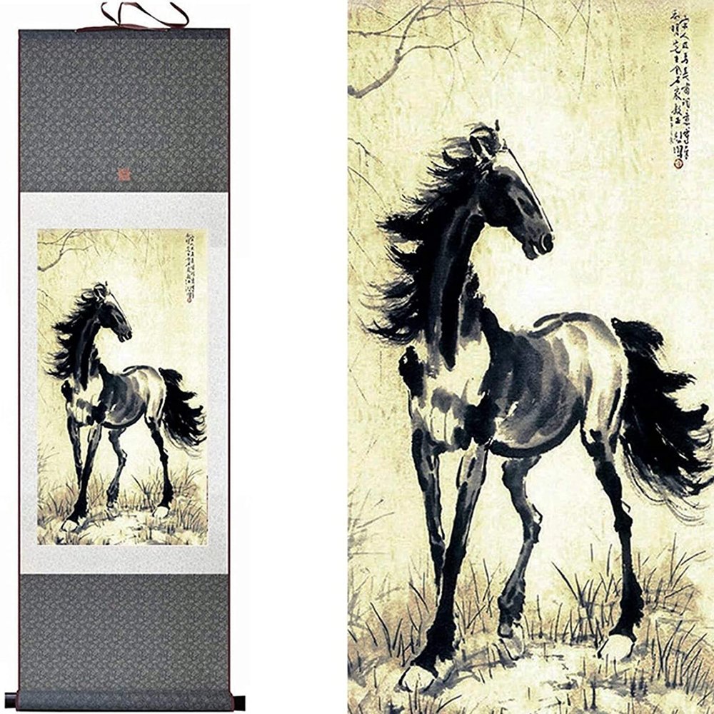 DBXOKKFCC Chinese Scroll Wall Art Feng Shui Paintings Chinese Wall Mural Scroll Painting Chinese Horse Scroll Painting Wall Decor Hanging Art Drawing Feng Shui Decorative Painting(140 * 45cm)