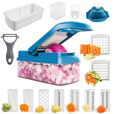 10 in 1 cost-efective Vegetable Chopper - Onion Chopper with container - Slicer Cutter Chopper -Grater Food Slicer -Vegetable Cutter-Blue Slicer Dicer Cutter-9 Stainless steel blades, 29 x10.5x6cm