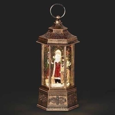 10.25" Bronze and Red LED Swirl Santa Lantern Christmas Tabletop Decor