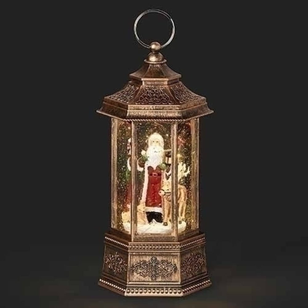10.25" Bronze and Red LED Swirl Santa Lantern Christmas Tabletop Decor