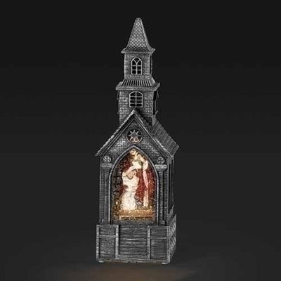 Roman 10.75" Gray Swirl Church with Holy Family LED Christmas Tabletop Decor