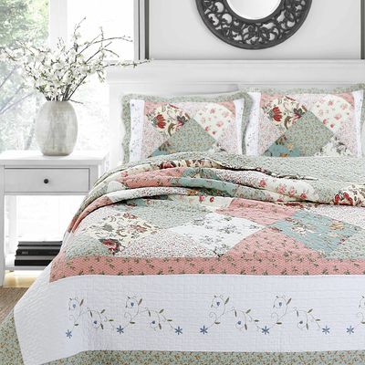 Embroidered Floral Scalloped Edge 100% Cotton Real Patchwork Quilt Bedding Set, Reversible Coverlet, Bedspread(Rose Tea, Queen - 3 Piece)