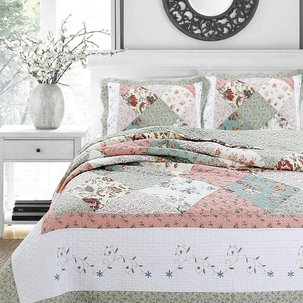 Embroidered Floral Scalloped Edge 100% Cotton Real Patchwork Quilt Bedding Set, Reversible Coverlet, Bedspread(Rose Tea, Queen - 3 Piece)