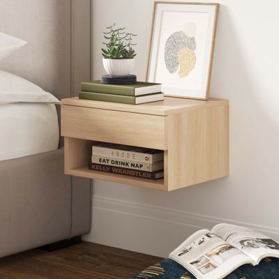 Nathan James Jackson Wall Mounted Floating Bedroom Nightstand with Storage Drawer and Modern Open Shelf Cubby, Light Oak Wood