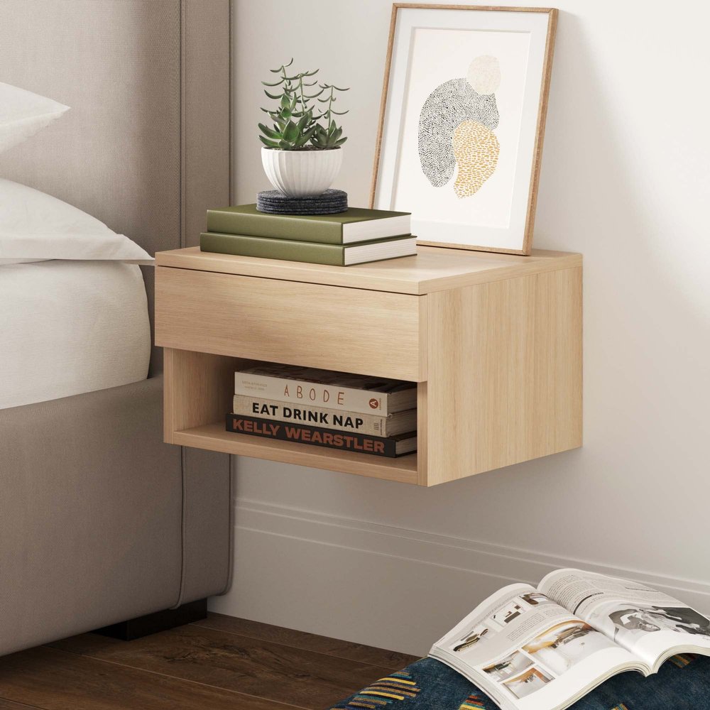 Nathan James Jackson Wall Mounted Floating Bedroom Nightstand with Storage Drawer and Modern Open Shelf Cubby, Light Oak Wood