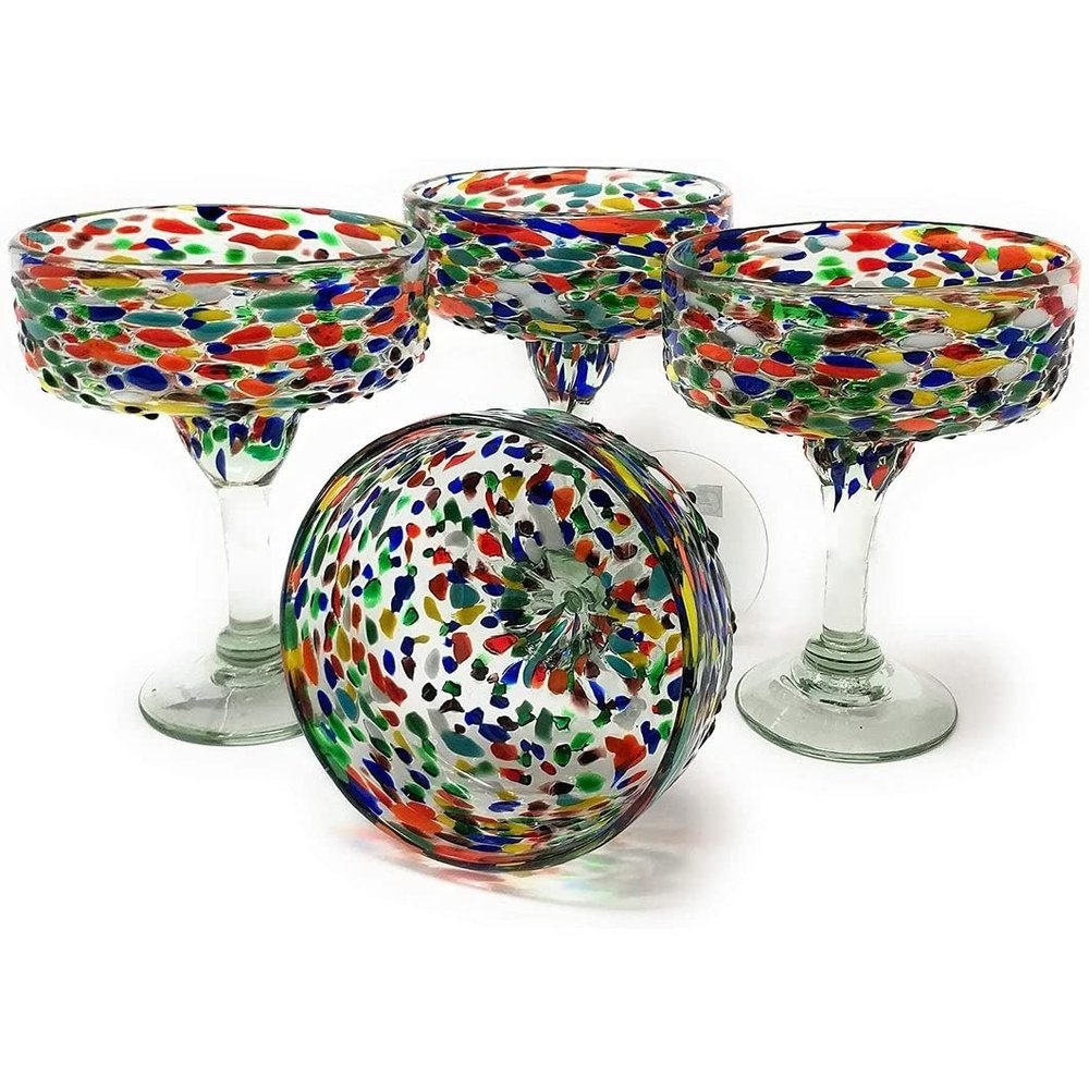 Unknown1 Mexican Hand Blown Glass Set of 4 Glasses Confetti Rock (16 Oz) Multi Color
