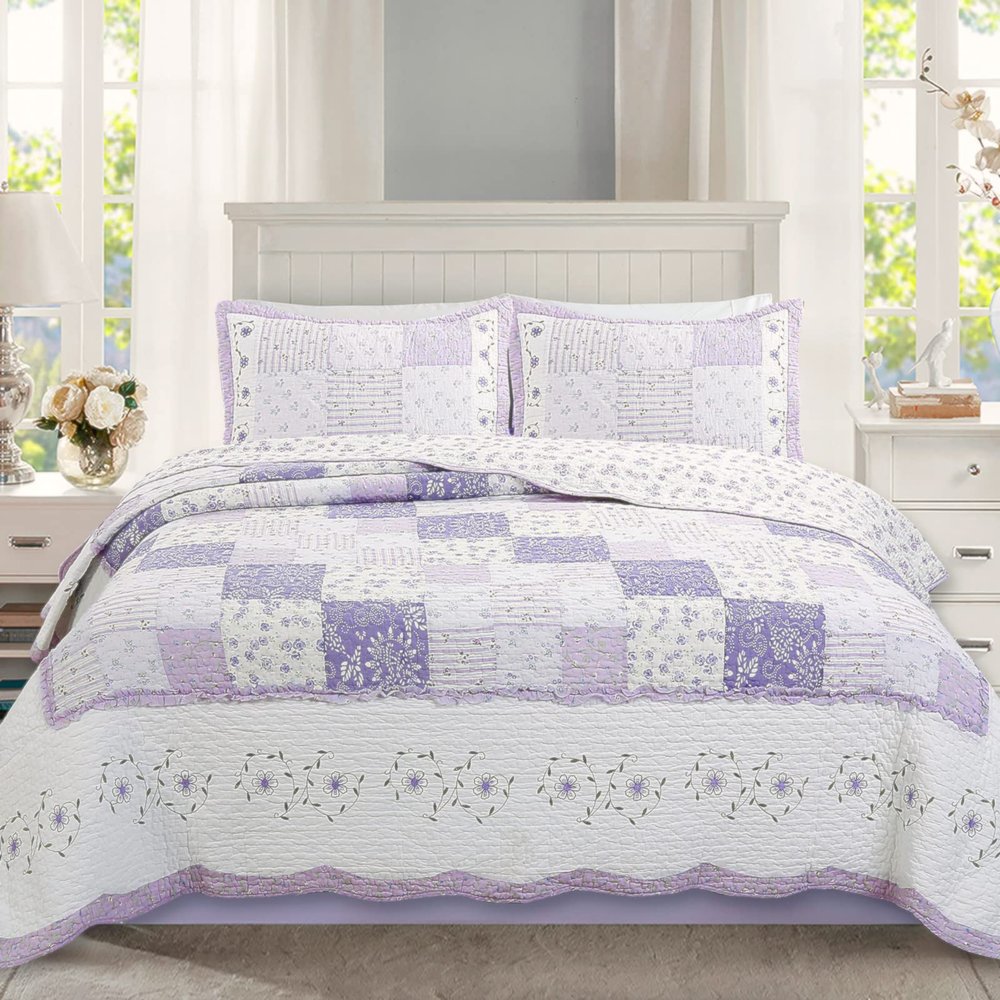 Light Purple Floral 100% Cotton Real Patchwork Reversible 3-Piece Queen Size Quilt Bedding Set