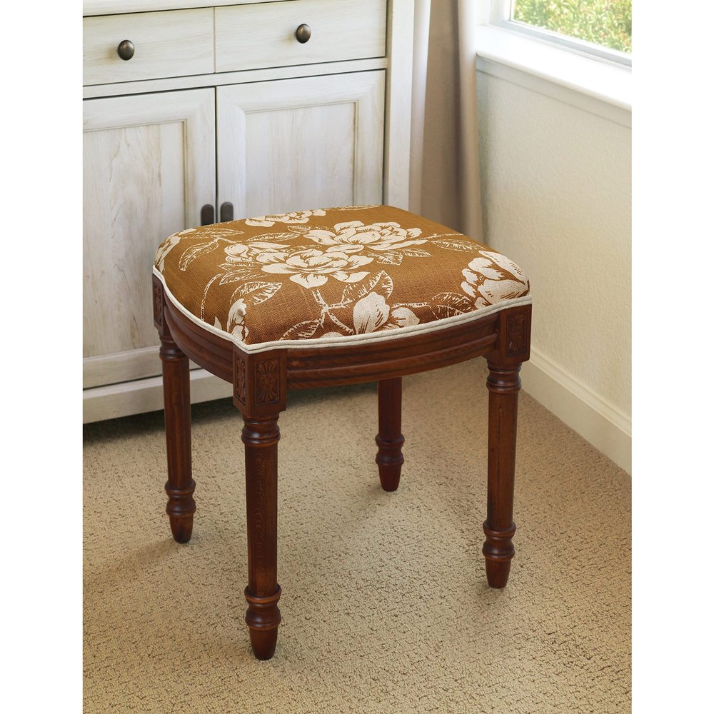 Unknown1 Caramel Magnolia Vanity Stool with Wood Stained Finish Brown Floral Transitional Pattern Linen Walnut Finish Solid Wood