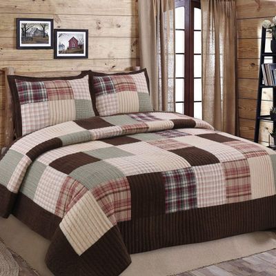 Cozy Line Home Fashions Hand Piecing Real Patchwork Brody Farmhouse Chocolate Plaid Striped Reversible Quilt Bedding Set, Coverlet Bedspread (Brown Grid, King - 3 Piece)