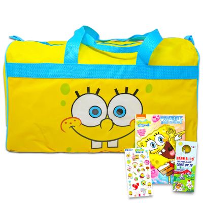 Spongebob Duffle Bag Set For Kids - 4 Pc Bundle With Spongebob Luggage Carry On Suitcase Bag, Spongebob Coloring Book, Stickers, and More (Spongebob Travel Activity Set)