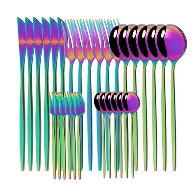 Silverware Flatware Cutlery Set, 30Pcs Tableware Set Mirror Dinnerware Bright Fruit Cake Fork Cutlery Set Stainless Steel Flatware Set For Kitchen (Color : Rainbow)