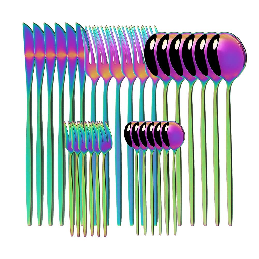 Silverware Flatware Cutlery Set, 30Pcs Tableware Set Mirror Dinnerware Bright Fruit Cake Fork Cutlery Set Stainless Steel Flatware Set For Kitchen (Color : Rainbow)