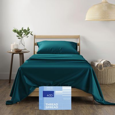 THREAD SPREAD Twin XL Sheets Set Cotton - 400 Thread Count 100% Cotton Twin XL Sheet Set, 3 PC Twin XL Sheets, Cooling & Luxury Sateen Sheets, 16" Deep Pocket Extra Soft Sateen Cotton Sheets (Teal)