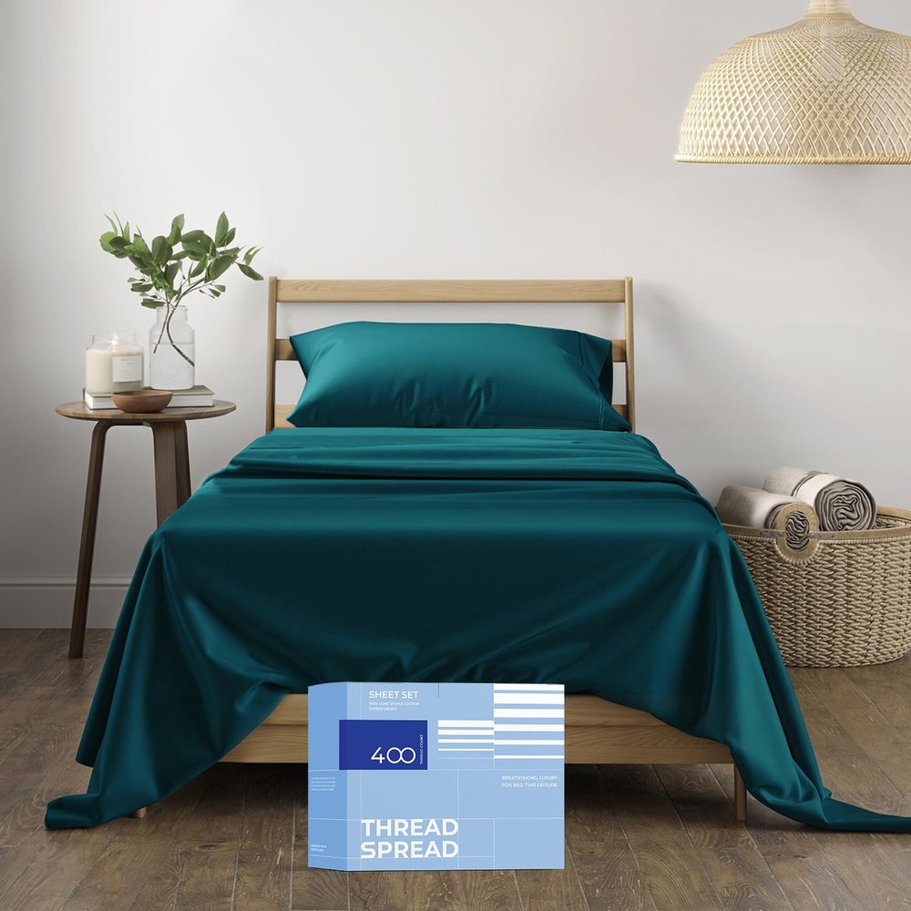 THREAD SPREAD Twin XL Sheets Set Cotton - 400 Thread Count 100% Cotton Twin XL Sheet Set, 3 PC Twin XL Sheets, Cooling & Luxury Sateen Sheets, 16" Deep Pocket Extra Soft Sateen Cotton Sheets (Teal)