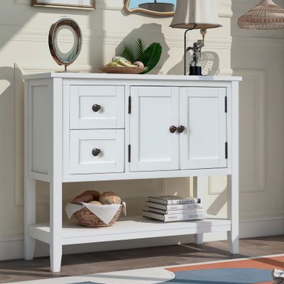 36 inches Long Slim Console Table for Entry Hallways,Home Utility Tables with 4 Storage Drawers and Open Shelf, Farmhouse Entryway Hall Living Room Narrow Sofa Table (White), WF281041AACDJ
