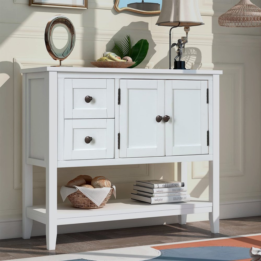 36 inches Long Slim Console Table for Entry Hallways,Home Utility Tables with 4 Storage Drawers and Open Shelf, Farmhouse Entryway Hall Living Room Narrow Sofa Table (White), WF281041AACDJ
