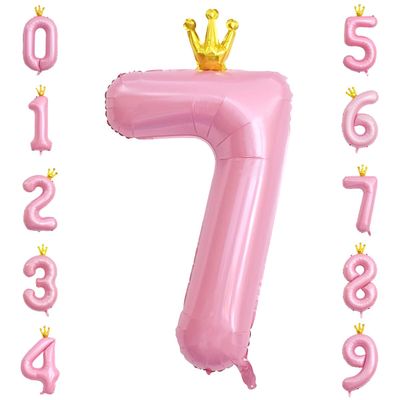 40 Inch Crown Pink Number 7 Balloon, Big Conjoined Light Pink Mylar Helium 7 Balloon | 7th Birthday Party Balloon Princess Theme Decorations Supplies Favors