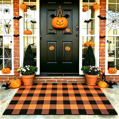 MUBIN Cotton Buffalo Plaid Rug, 3' x 5' Orange Black Outdoor Rug Front Door Decorative Mat, Washable Halloween Doormat Foldable Area Rug Layered Door Mats Rug for Front Porch, Entryway, Patio