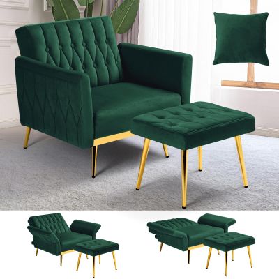 ACMEASE Velvet Accent Chair with Adjustable Armrests and Backrest, Button Tufted Lounge Chair, Single Recliner Armchair with Ottoman and Pillow for Living Room, Bedroom, Green
