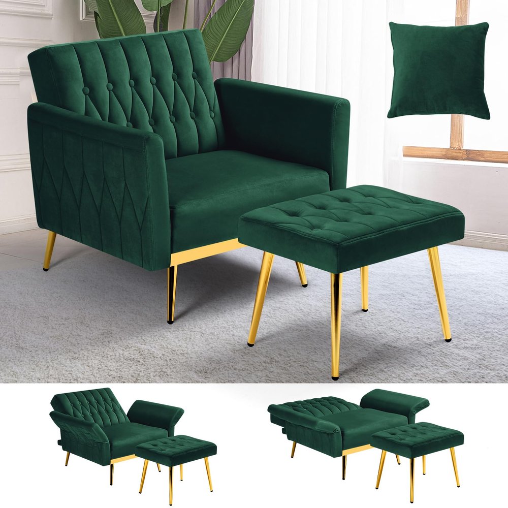 ACMEASE Velvet Accent Chair with Adjustable Armrests and Backrest, Button Tufted Lounge Chair, Single Recliner Armchair with Ottoman and Pillow for Living Room, Bedroom, Green