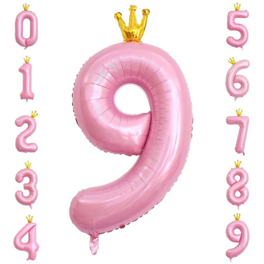 40 Inch Crown Pink Number 9 Balloon, Big Conjoined Light Pink Foil Mylar Helium Digit 9 Balloon for 9th Birthday Party Decorations Anniversary Decor Theme Party Supplies