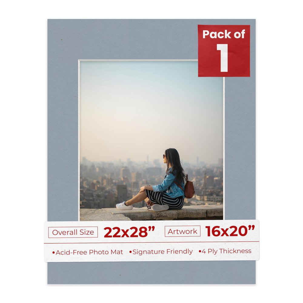 Poster Palooza 22x28 Mat for 16x20 Photo - Precut Mid Grey Picture Matboard for Frames Measuring 22 x 28 Inches - Bevel Cut Matte to Display Art Measuring 16 x 20 Inches - Acid Free ONE MAT