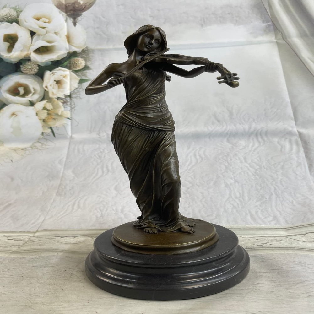 EUROPEAN BRONZE Genuine Bronze Sculpture**Sale**Statue Woman Standing Young Lady Violin Player
